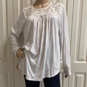 Philosophy Womens L White Long Sleeve Blouse With Knit Lace Neckline. Flowy.